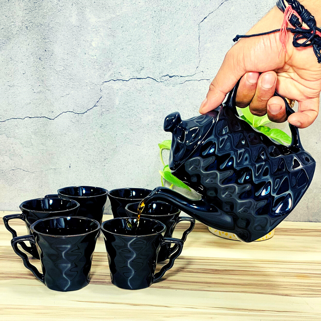 Homefrills Handcrafted Diamond Pattern Ceramic Tea Kettle Set with 6 Cups(150ml), 1 Kettle(400ml) Ceramic Good Morning Tea Set- Set of 7 Colour-Black,Microwave Safe